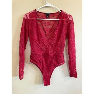 Victorias Secret Red Lace Long Sleeve Plunging V Neck Bodysuit S P